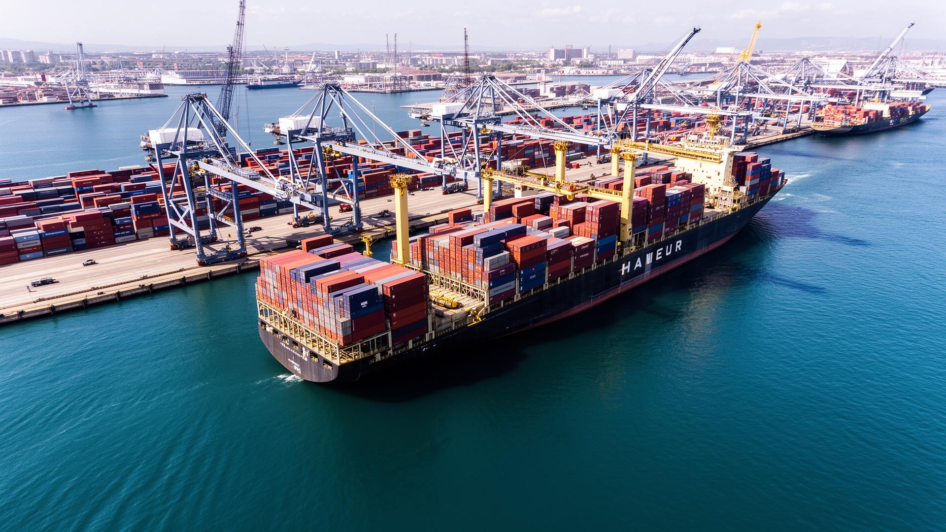 Aerial view of container ship being loaded at European port