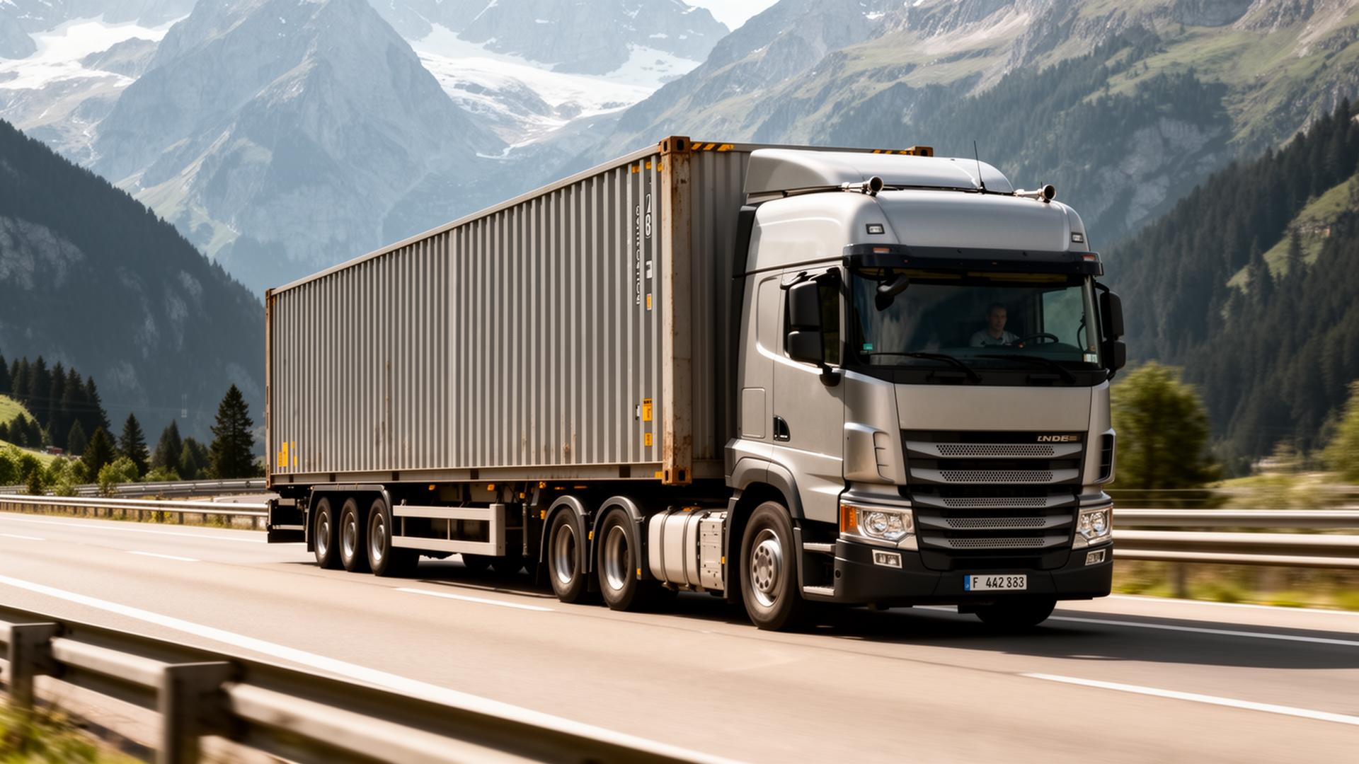 European container truck on alpine highway