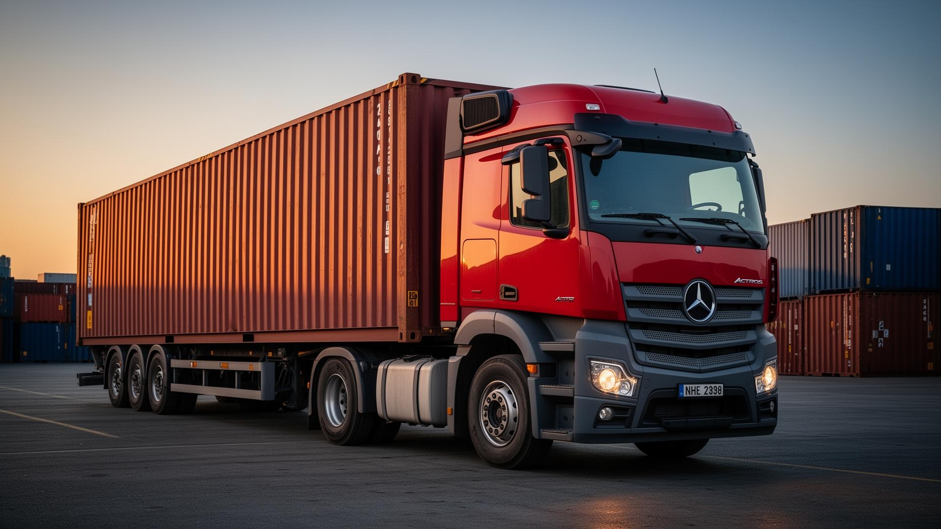 Red Mercedes Actros truck with container at logistics yard