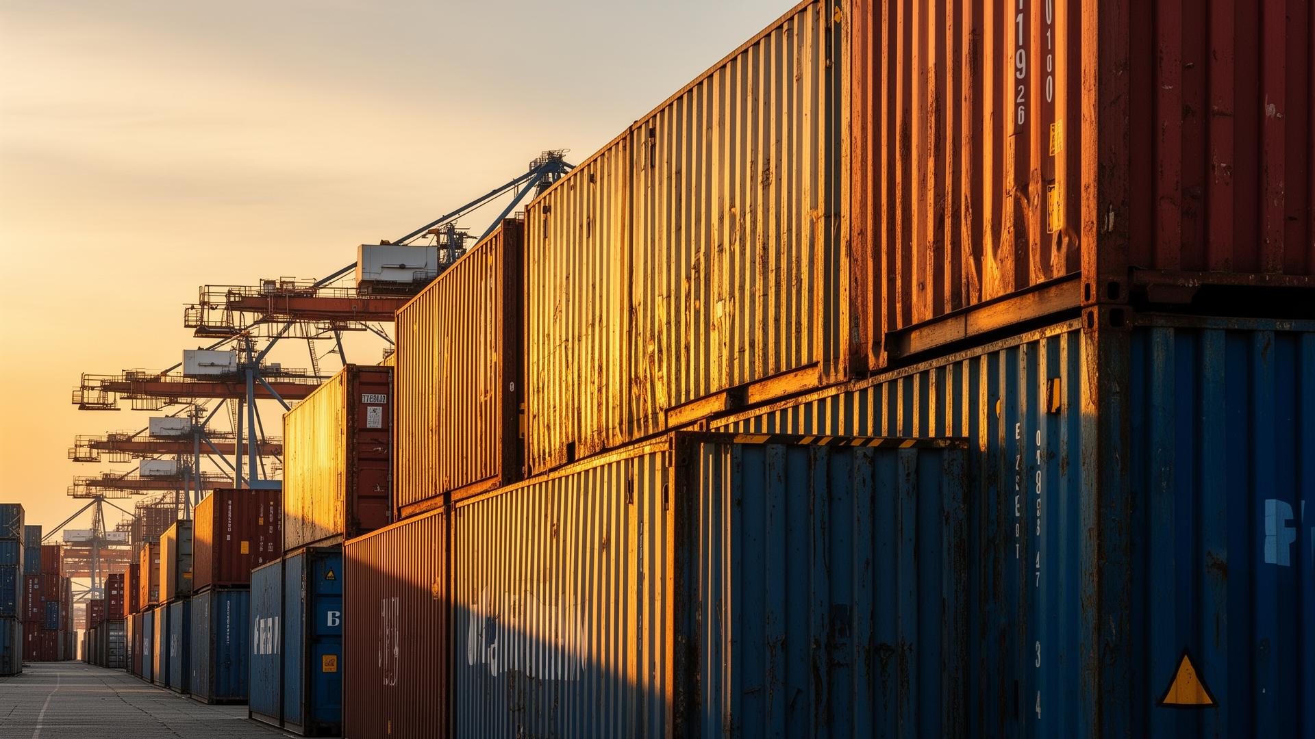 Stacked shipping containers at a European port at golden hour